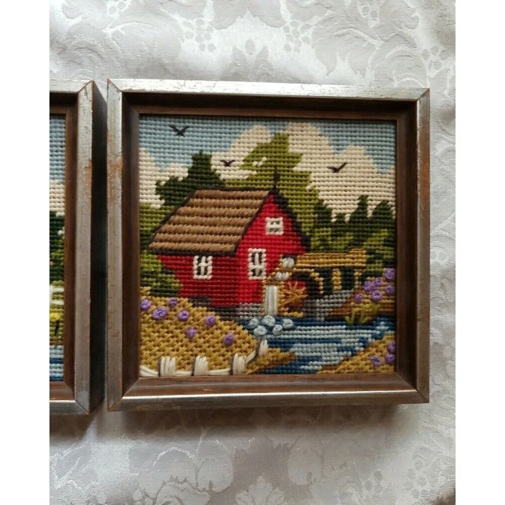Vintage Jiffy Finished Needlepoint Spring Barn Summer Mill Set 2 Framed Square